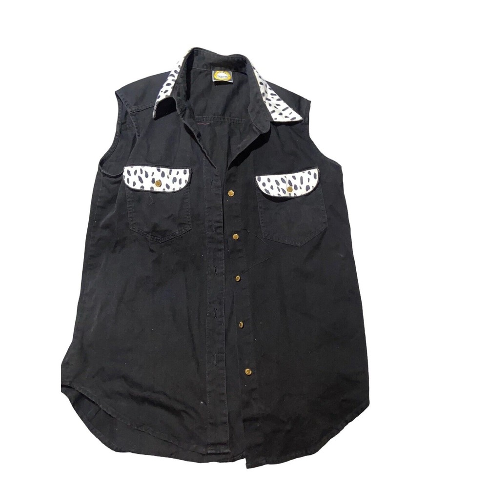 Black denim like Vest with Cow accent on collar and pockets Sz Large made in USA